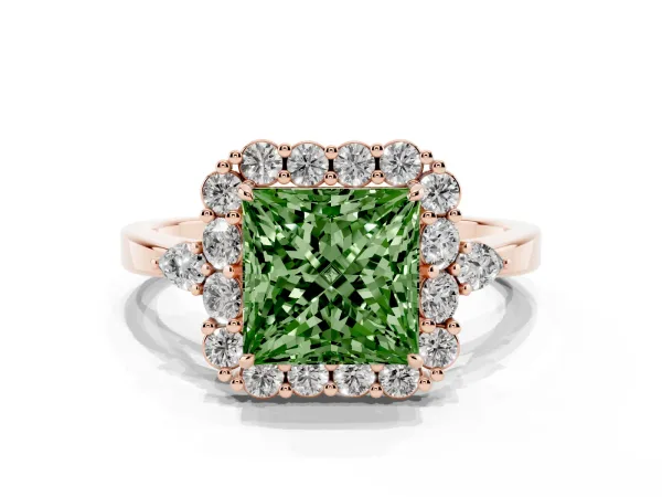 Fancy Green Princess Cut Diamond Halo Ring with Pear Side Stones and Prong Setting Rose gold