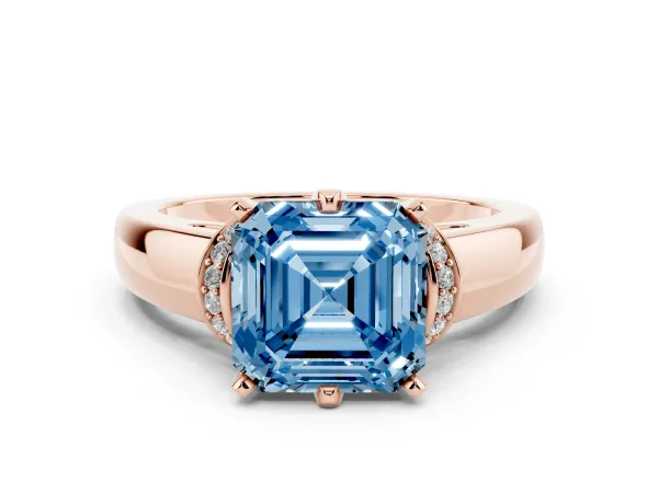 Fancy Blue Asscher Cut Solitaire Diamond Ring with Pave Band and Six-Prong Setting Rose gold