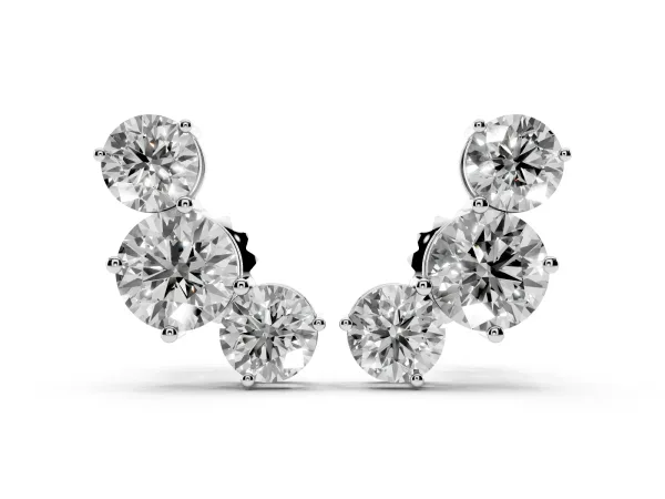 Round Cut Diamond Graduated Three-Stone Stud Earrings Platinum