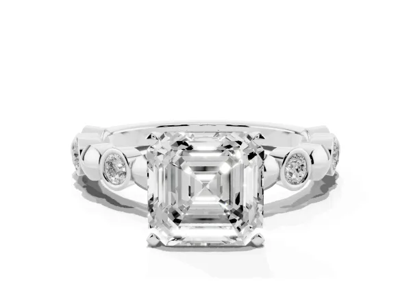 Asscher Cut Solitaire Bezel-Set Diamond Ring with Beaded Band and Four-Prong Setting White gold