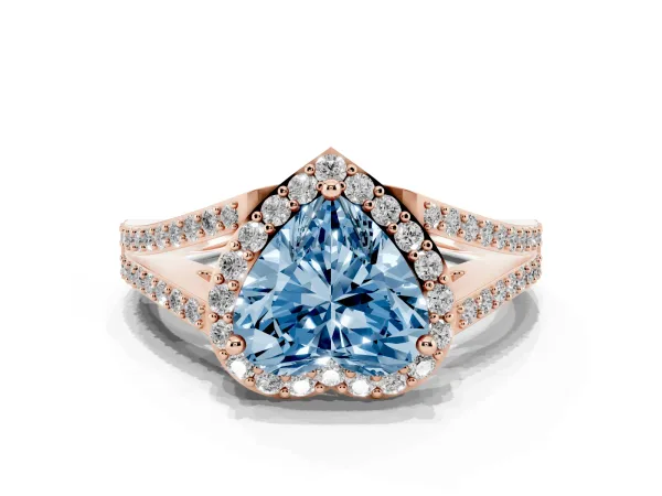 Fancy Blue Heart Cut Halo Split Shank Pave Diamond Ring with Four-Prong Setting Rose gold