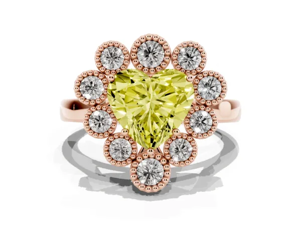 Fancy Yellow Heart Cut Halo Diamond Cluster Engagement Ring with Milgrain Bezel Setting and Solitaire Band Rose gold