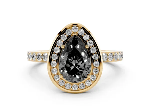 Fancy Black Pear Cut Diamond Halo Ring with Bezel Frame and Pavé Band Yellow gold
