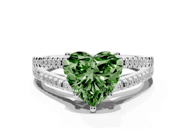 Fancy Green Heart Cut Diamond Solitaire Engagement Ring with Split Shank Pavé Band White gold