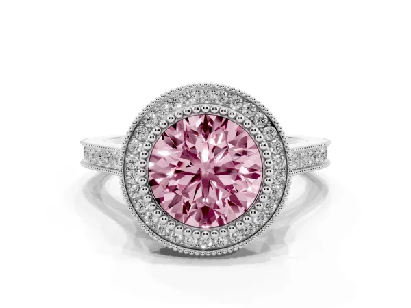 Fancy Pink Round Cut Diamond Halo Ring with Milgrain Frame and Pavé Band Platinum