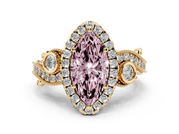 Fancy Pink Marquise Cut Diamond Halo Ring with Milgrain Pavé Band and Four-Prong Setting Yellow gold