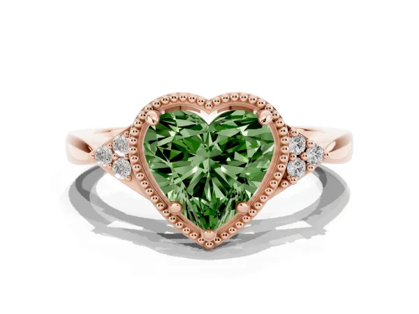 Fancy Green Hexagonal Halo Heart Cut Diamond Solitaire with Pavé Band and Four-Prong Setting Rose gold