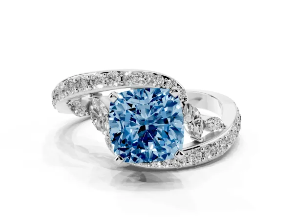 Fancy Blue Cushion Cut Diamond Solitaire Ring with Filigree Band and Four-Prong Setting Platinum