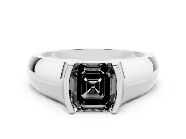 Fancy Black Asscher Cut Solitaire Bezel Set Diamond Ring with Wide Band Platinum