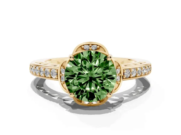 Fancy Green Round Cut Cut Halo Diamond Ring with Channel Set Band and Four-Prong Setting Yellow gold