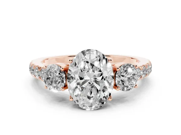 Oval Cut Cut Diamond Three-Stone Ring with Round Side Stones and Pavé Band Rose gold