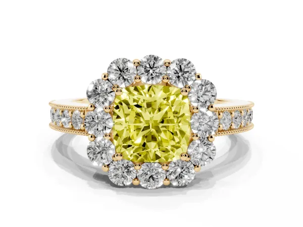 Fancy Yellow Cushion Cut Cut Halo Diamond Pavé Engagement Ring with Milgrain Detailing Yellow gold