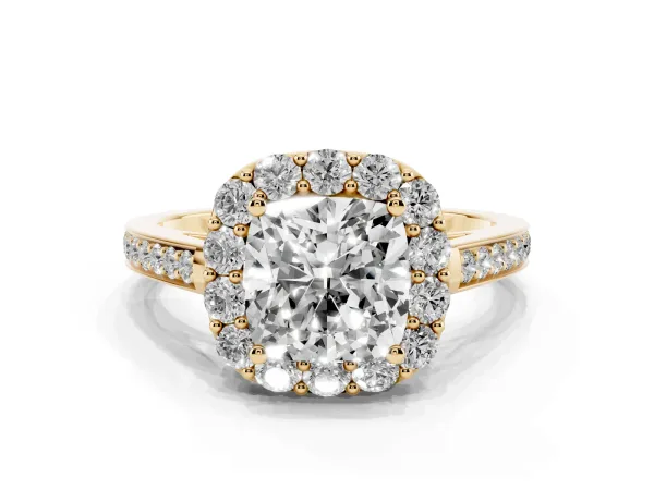 Cushion Cut Diamond Floral Halo Ring with Pavé Band and Prong Setting Yellow gold