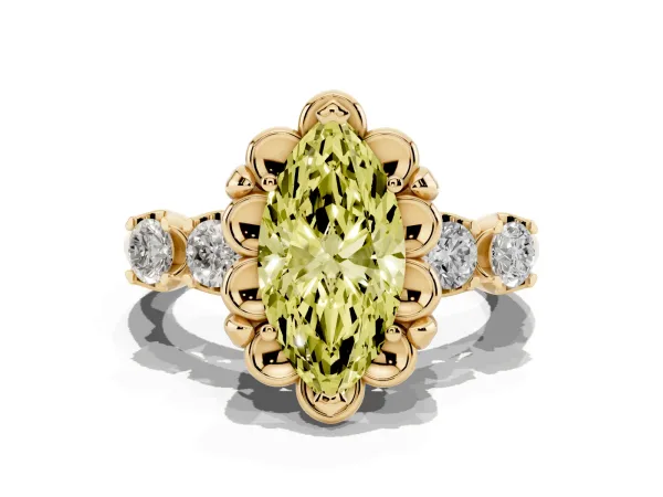 Fancy Yellow Marquise Cut Cut Diamond Floral Halo Engagement Ring with Shared Prong Setting Yellow gold