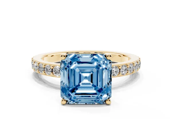 Fancy Blue Asscher Cut Cut Diamond Solitaire with Pave Band and Four-Prong Setting Yellow gold