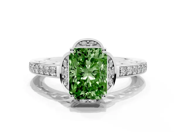 Fancy Green Radiant Cut Cut Halo Diamond Ring with Channel Set Band and Four-Prong Setting Platinum
