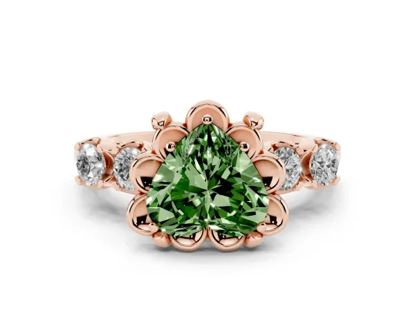 Fancy Green Heart Cut Cut Diamond Floral Halo Engagement Ring with Shared Prong Setting Rose gold