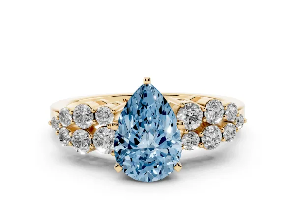 Fancy Blue Pear Cut Cluster Diamond Engagement Ring with Pavé Band and Four-Prong Setting Yellow gold