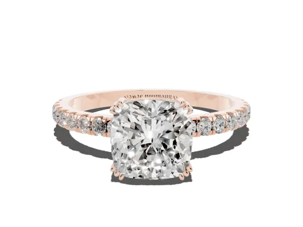 Cushion Cut Brilliant Solitaire with Pavé Band and Claw Prong Setting Rose gold