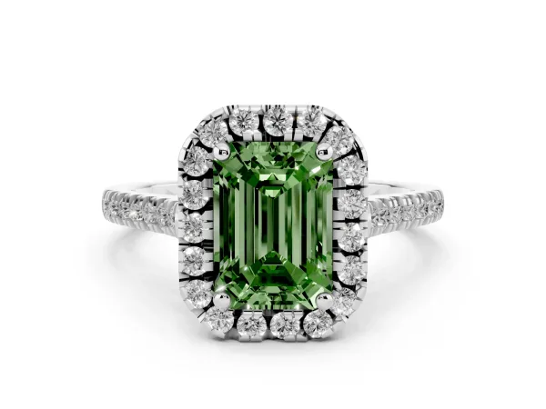 Fancy Green Emerald Cut Diamond Cushion Halo Ring with Pavé Band White gold