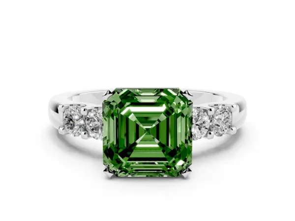 Fancy Green Asscher Cut Brilliant Cut Diamond Five-Stone Prong Set Engagement Ring with Channel Band Platinum