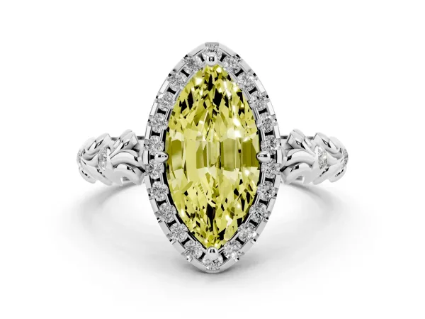 Fancy Yellow Marquise Cut Diamond Halo Ring with Filigree Band and Prong Setting White gold
