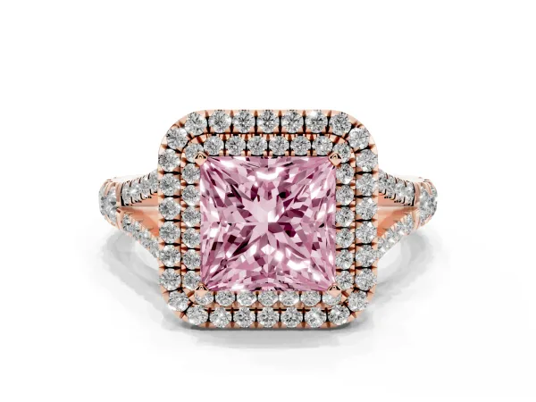Fancy Pink Princess Cut Cut Double Halo Split Shank Diamond Ring with Prong Setting Rose gold