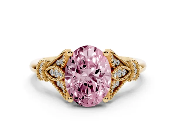 Fancy Pink Oval Cut Diamond Solitaire Ring with Floral Filigree and Pave Accents Yellow gold