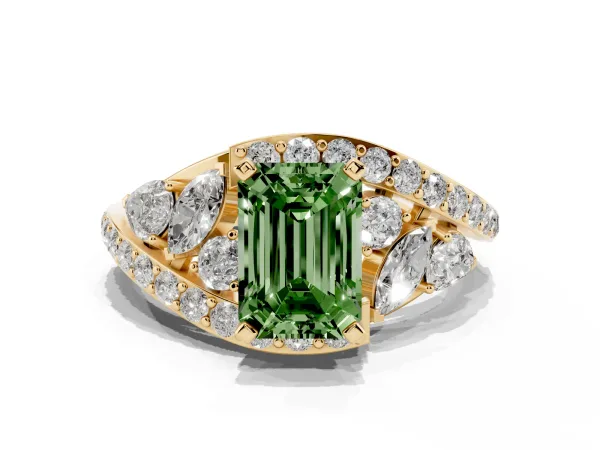 Fancy Green Emerald Cut Diamond Halo Ring with Marquise and Pavé Band in Prong Setting Yellow gold
