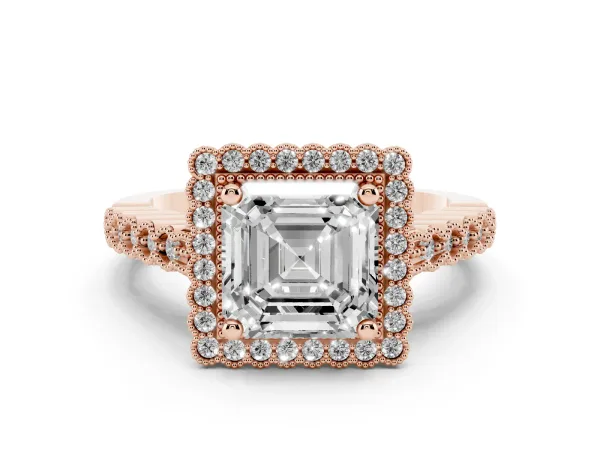 Asscher Cut Cut Halo Pavé Solitaire Ring with Milgrain Band Rose gold