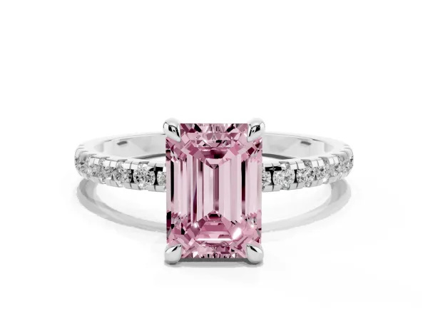 Fancy Pink Emerald Cut Diamond Brilliant Solitaire Ring with Pavé Band and Four-Prong Setting White gold