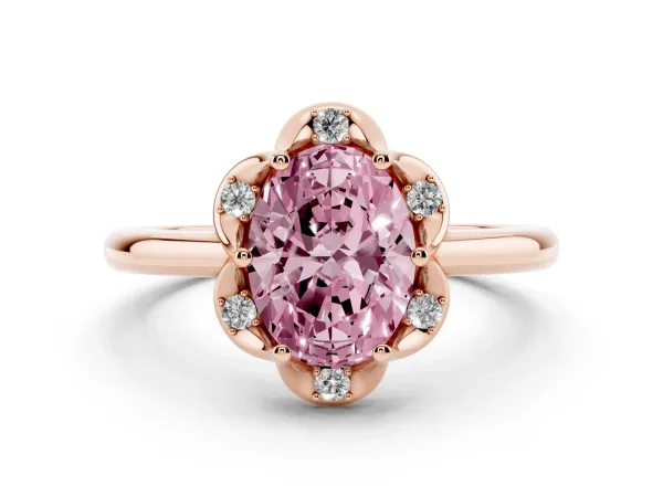 Fancy Pink Oval Cut Halo Diamond Ring with Round Cluster Setting, Solitaire Band, and Four-Prong Setting Rose gold