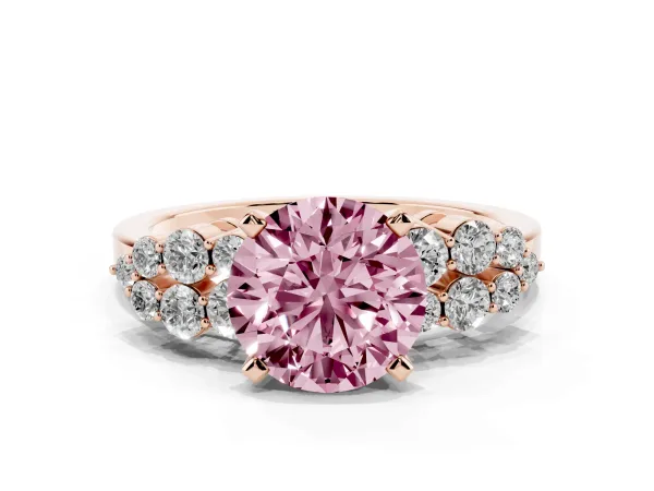 Fancy Pink Round Cut Cluster Diamond Engagement Ring with Pavé Band and Four-Prong Setting Rose gold