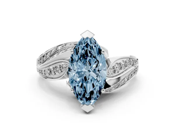 Fancy Blue Marquise Cut Diamond Solitaire Ring with Prong Setting and Twisted Pavé Band Platinum
