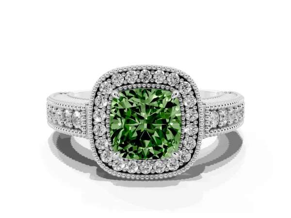 Fancy Green Cushion Cut Cut Halo Diamond Ring with Pavé Band and Four-Prong Setting Platinum