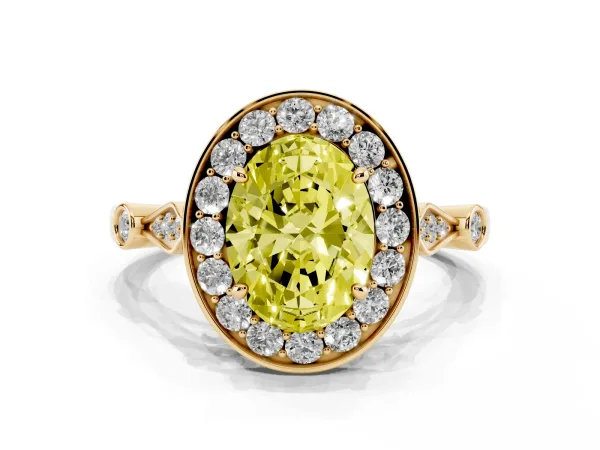 Fancy Yellow Oval Cut Halo Diamond Engagement Ring with Twisted Band and Four-Prong Setting Yellow gold