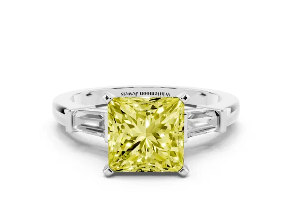 Fancy Yellow Princess Cut Cut Diamond Solitaire Ring with Tapered Baguette Accents and Four-Prong Setting Platinum