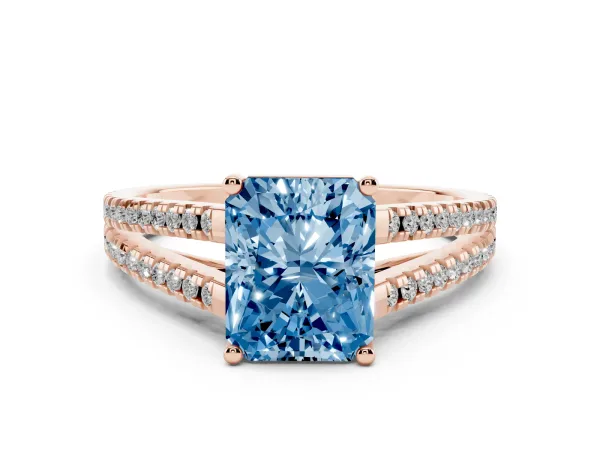 Fancy Blue Radiant Cut Diamond Solitaire Engagement Ring with Split Shank Pavé Band Rose gold