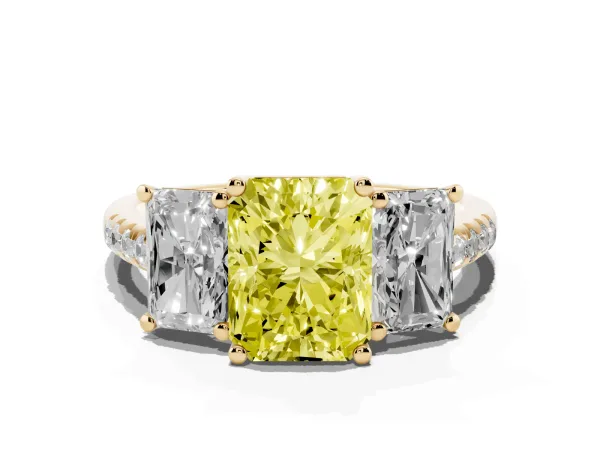 Fancy Yellow Three-Stone Radiant Cut Diamond Ring with Round Pavé Band and Prong Setting Yellow gold