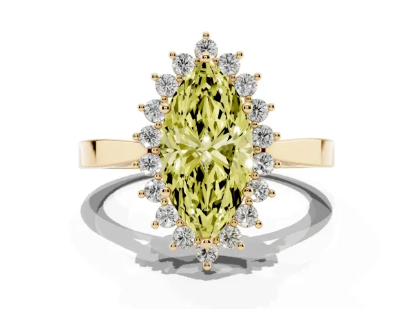 Fancy Yellow Marquise Cut Cut Diamond Halo Ring with Round Brilliant Halo and Solitaire Band Yellow gold