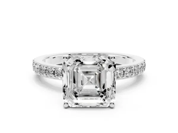 Asscher Cut Cut Diamond Solitaire with Pave Band and Four-Prong Setting White gold