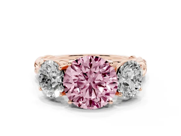 Fancy Pink Three-Stone Round Cut Diamond Braided Band Ring with Four-Prong Setting Rose gold