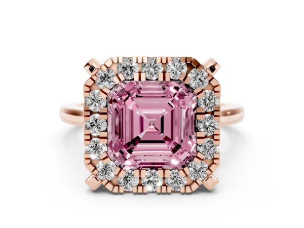 Fancy Pink Asscher Cut Diamond Cluster Halo Solitaire with Four-Prong Setting Rose gold