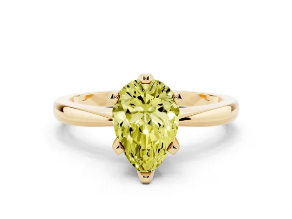 Fancy Yellow Pear Cut Solitaire Engagement Ring with Six-Prong Setting and Tapered Band Yellow gold