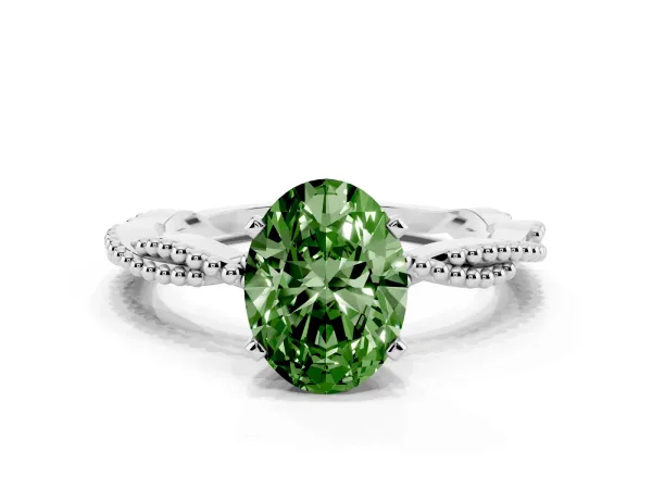 Fancy Green Oval Cut Solitaire Twisted Band with Bead Prong Setting Platinum