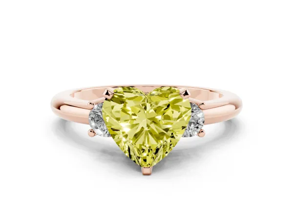 Fancy Yellow Three-Stone Heart Cut Cut Diamond Solitaire with Prong Setting and Classic Band Rose gold