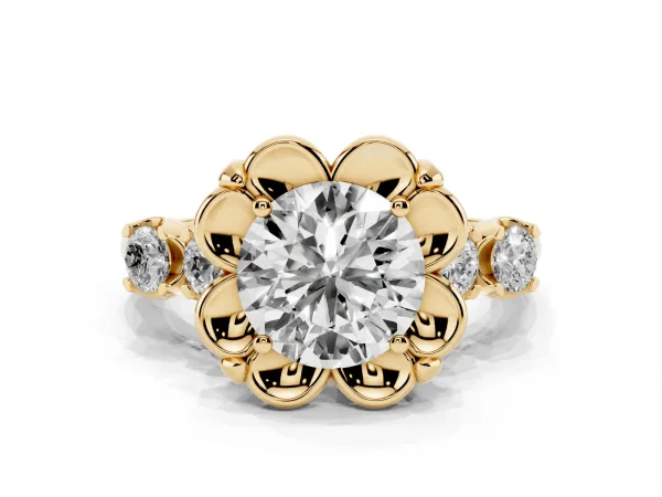 Round Cut Cut Diamond Floral Halo Engagement Ring with Shared Prong Setting Yellow gold