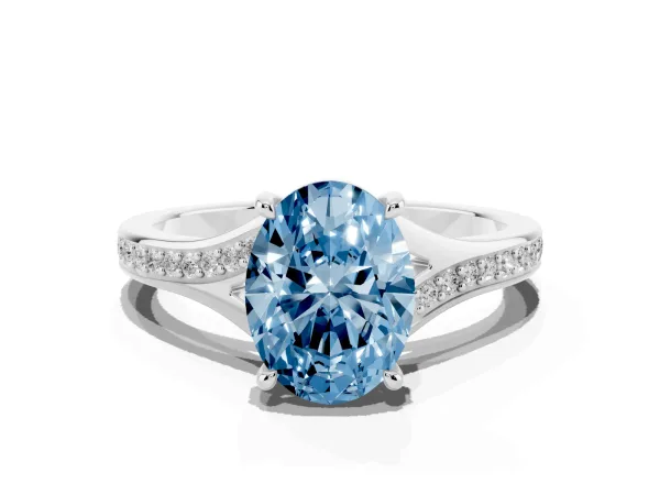 Fancy Blue Oval Cut Diamond Solitaire Ring with Pavé Band and Prong Setting Platinum