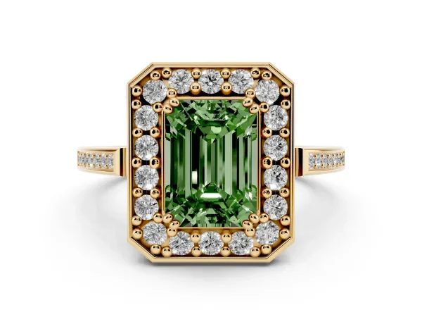 Fancy Green Emerald Cut Diamond Halo Ring with Split Shank and Four-Prong Setting Yellow gold