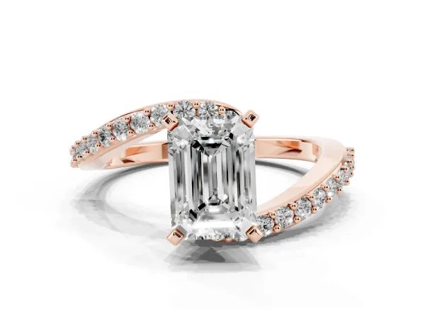 Emerald Cut Solitaire Twist Band with Pave Set Diamonds and Four-Prong Setting Rose gold
